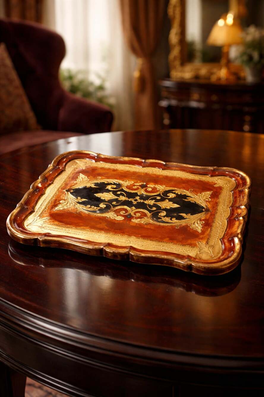 Vintage Italian Florentine Serving Tray 11 x 8 Red Gold Gilt Wood
